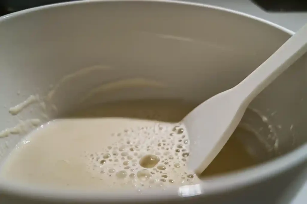 A bubbly sourdough starter in a mixing bowl, ready for making sourdough hoagie rolls.