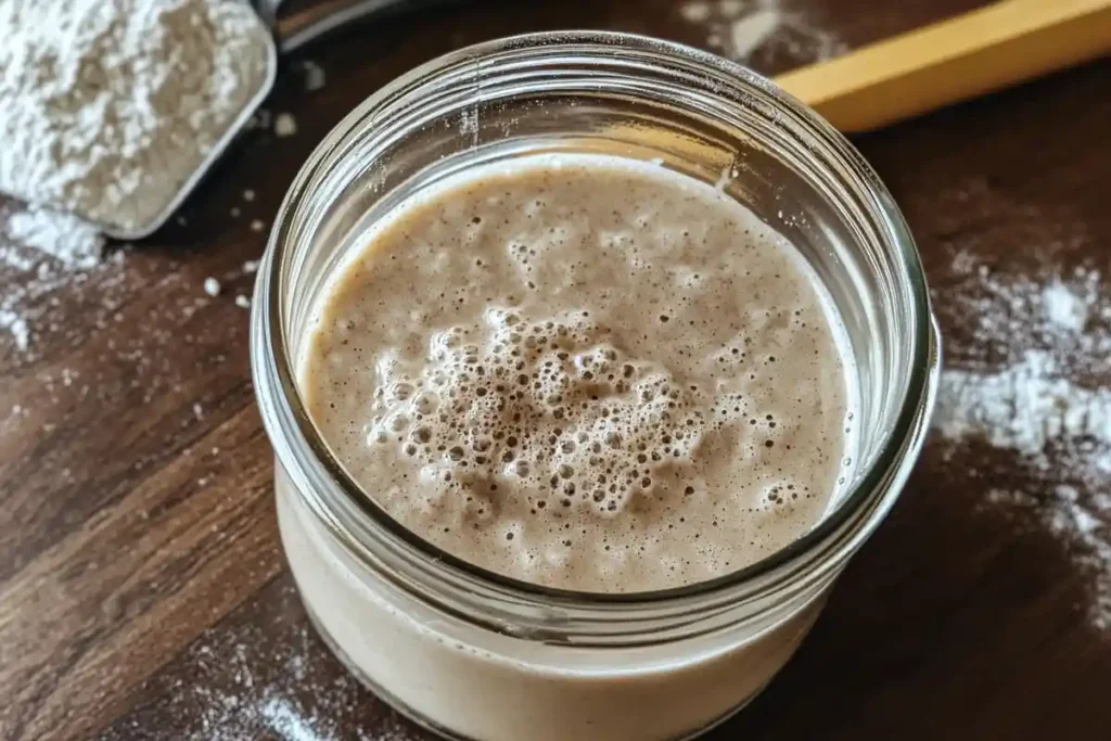 A bubbly and active sourdough starter in a glass jar on a wooden surface, surrounded by flour and baking tools.