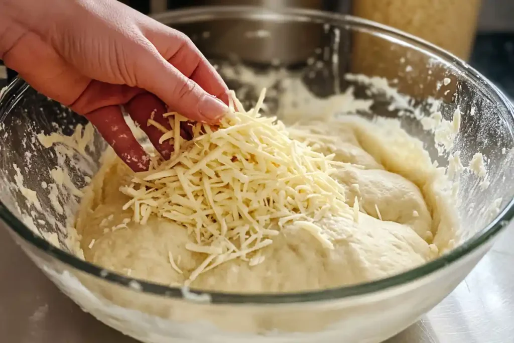 A hand adding grated Asiago cheese to the sourdough mixture, enhancing the flavor of the bagels.