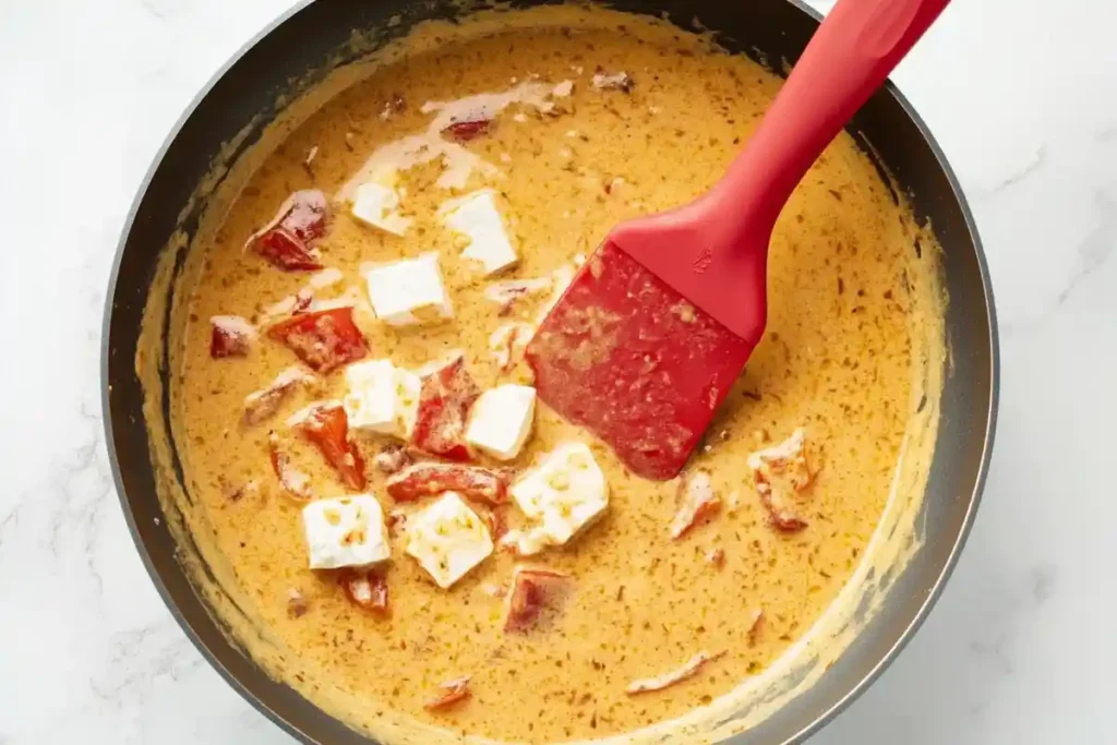  Creamy pasta sauce in a skillet with cubes of cheese and cherry tomatoes being incorporated for additional flavor.