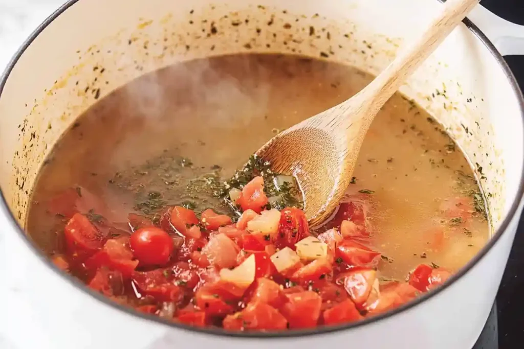 A wooden spoon stirring diced tomatoes and herbs into a steaming pot of broth, highlighting the soup preparation process.