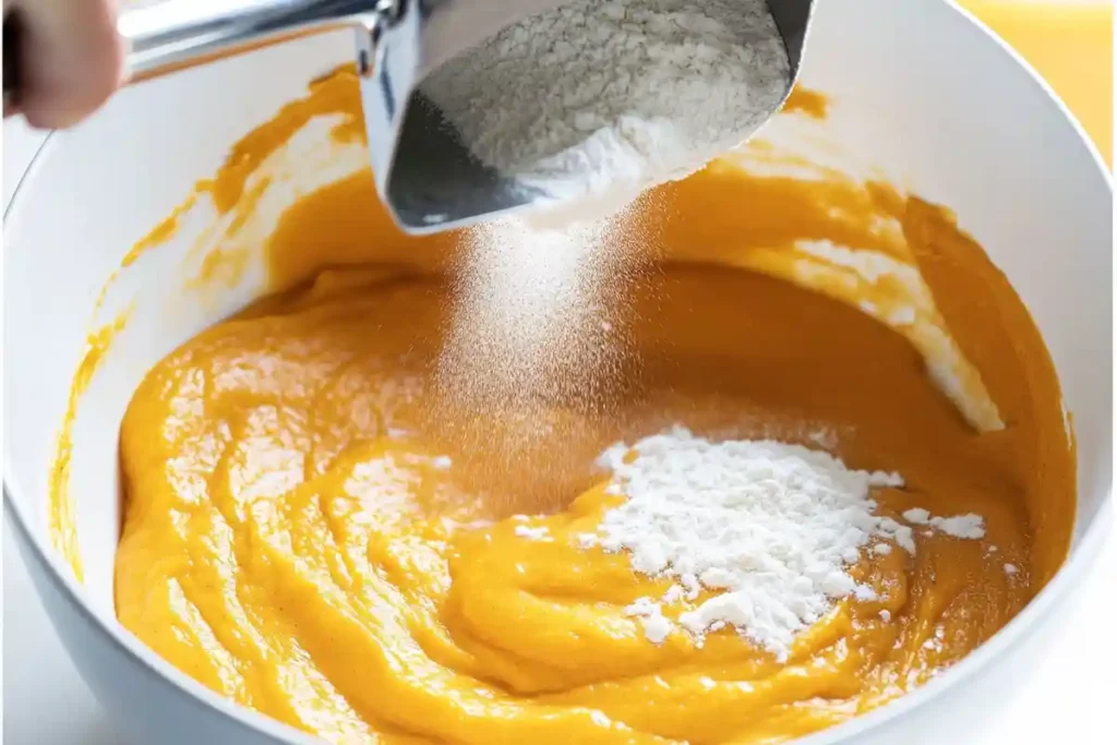 Flour being sprinkled into a vibrant pumpkin muffin batter in a large white mixing bowl.
