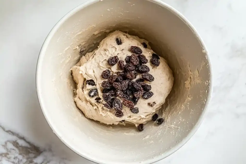 A mixing bowl with sourdough dough topped with raisins, ready to be folded in, on a marble countertop