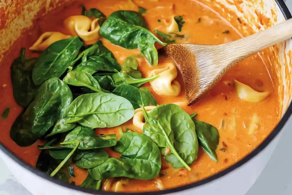 Fresh basil leaves being added to a creamy tomato soup with cheese tortellini, stirred with a wooden spoon in a white pot