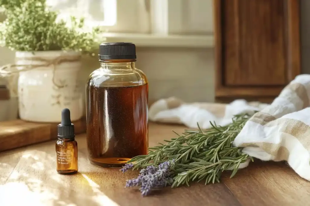 An amber glass bottle of rosemary water on a wooden kitchen countertop alongside fresh rosemary sprigs.