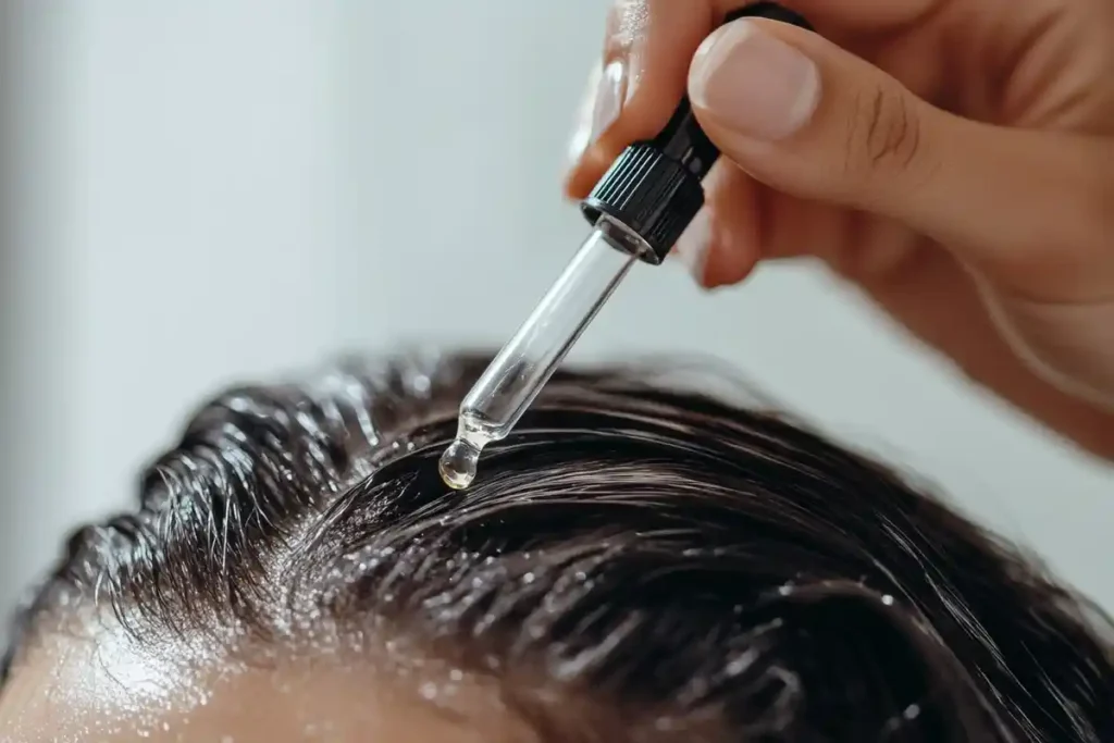 Close-up of a person applying rosemary water using a dropper onto their scalp for hair care.