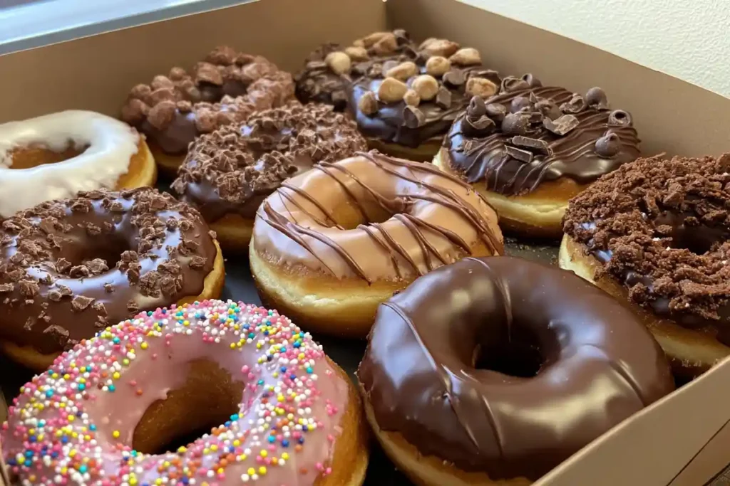 A box of assorted sourdough donuts featuring chocolate drizzle, crushed nuts, sprinkles, and pink glaze, showcasing a variety of toppings.