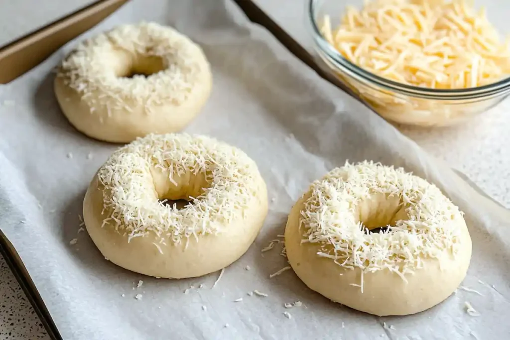 Raw sourdough bagels topped generously with shredded Asiago cheese, placed on a parchment-lined baking tray.