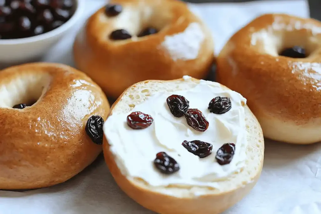 Sourdough cinnamon raisin bagels, one sliced open and spread with cream cheese and topped with raisins, surrounded by whole bagels