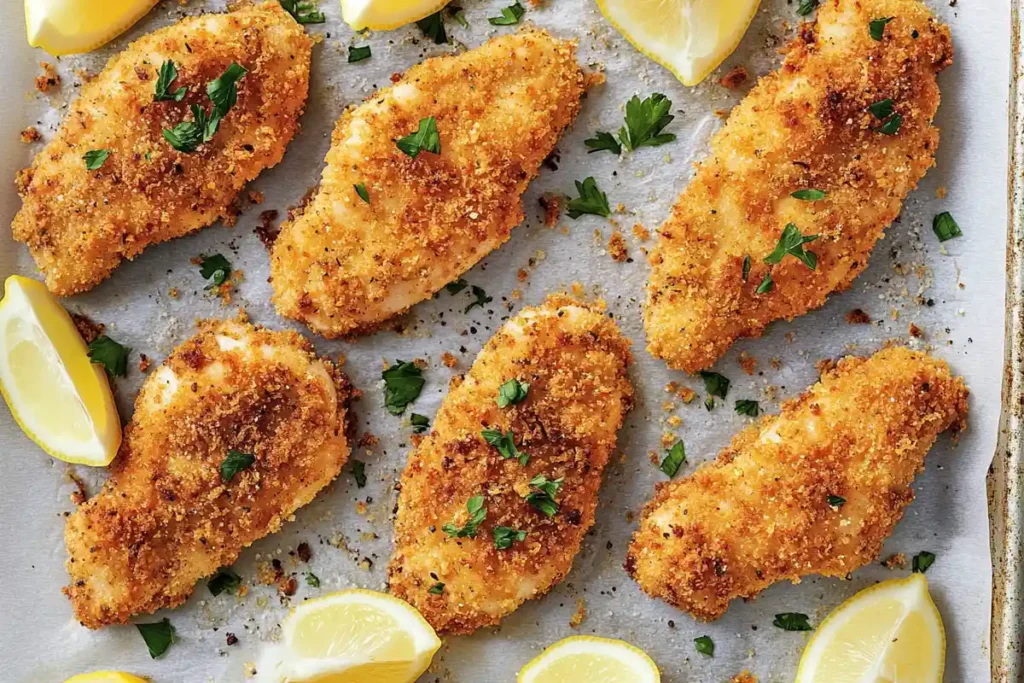 Golden brown breaded chicken cutlets on a baking sheet lined with parchment paper, garnished with parsley and lemon wedges.