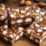 Close-up of Heavenly Hash Brownies highlighting gooey marshmallows, crunchy nuts, and rich chocolate layers on a wooden surface.