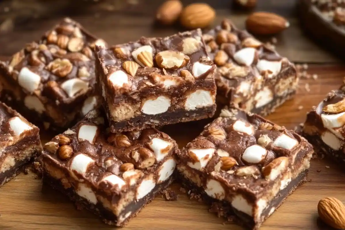 Close-up of Heavenly Hash Brownies highlighting gooey marshmallows, crunchy nuts, and rich chocolate layers on a wooden surface.