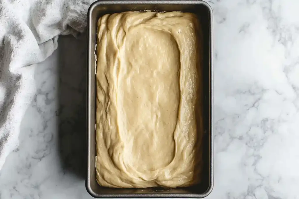 Smooth banana bread batter evenly spread in a loaf pan, ready to be baked.