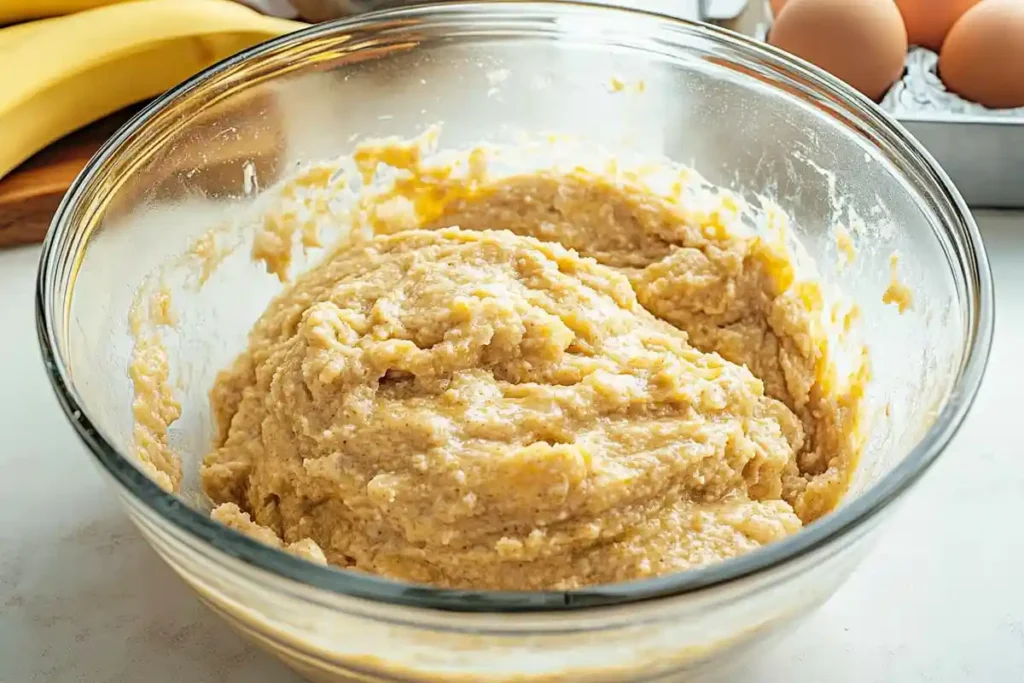 Smooth and thick banana bread batter in a glass mixing bowl with ripe bananas nearby.