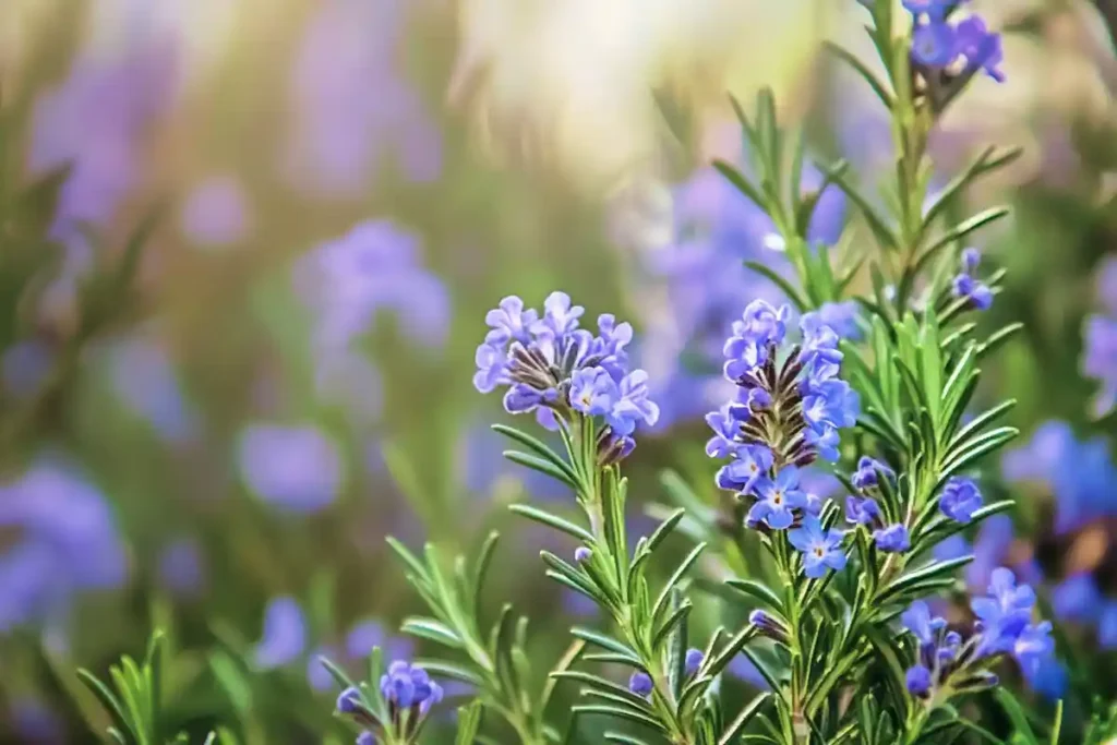 A vibrant close-up of blooming rosemary flowers in a lush green garden setting.