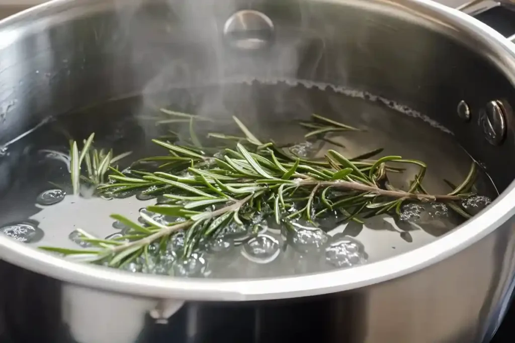 A stainless steel pot with fresh rosemary sprigs simmering in boiling water, steam rising gently.