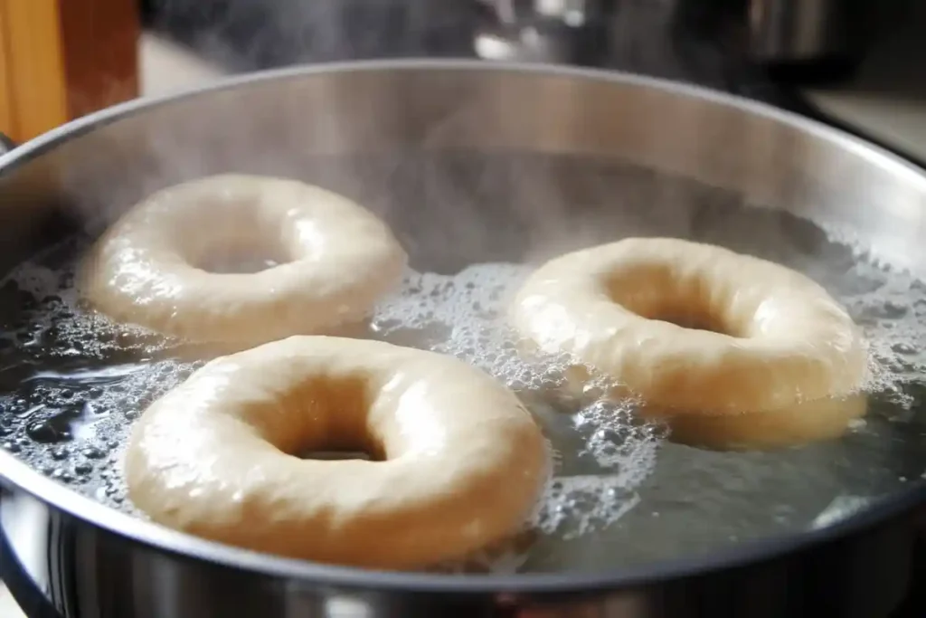 Freshly shaped sourdough bagels boiling in hot water, creating their signature chewy texture.