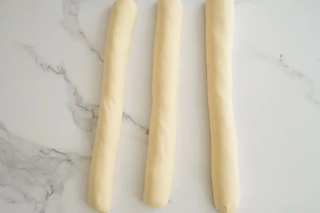 Three rolled dough strands ready to be braided, resting on a marble surface for the sourdough challah