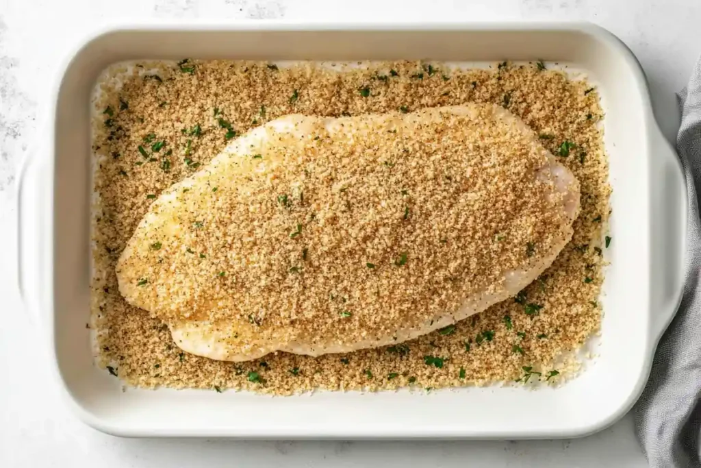  A single chicken cutlet fully coated in breadcrumbs, placed in a white baking dish, garnished with parsley and seasoning.