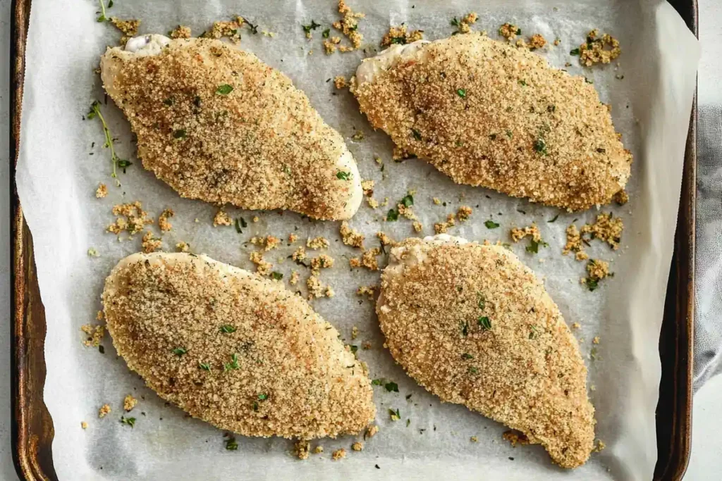 Uncooked chicken cutlets coated in breadcrumbs, arranged on a parchment-lined baking sheet, ready for baking.