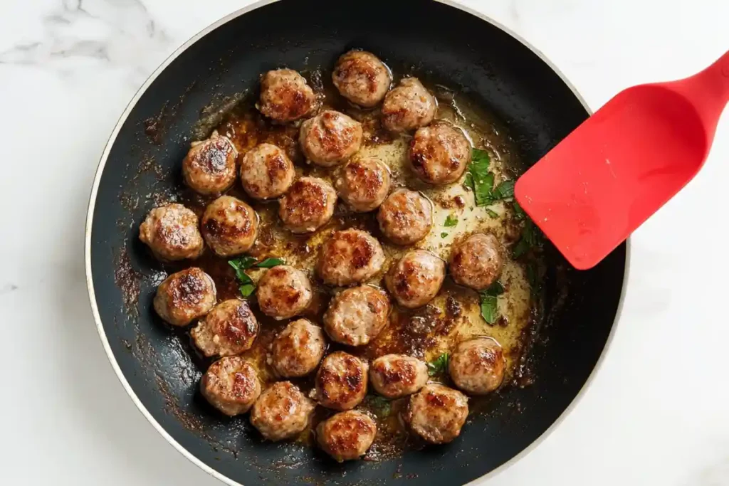 Perfectly browned Italian sausage meatballs in a skillet with olive oil and garnished with fresh parsley.