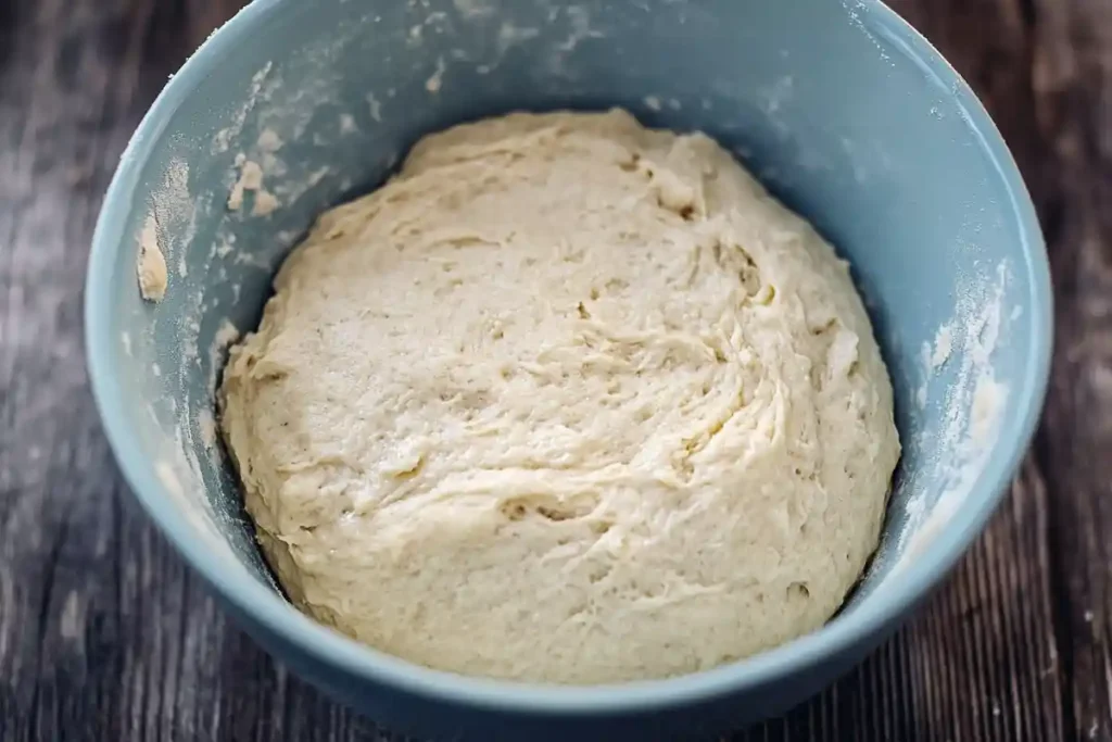 A bowl of smooth and well-mixed buckwheat dough, ready for proofing.