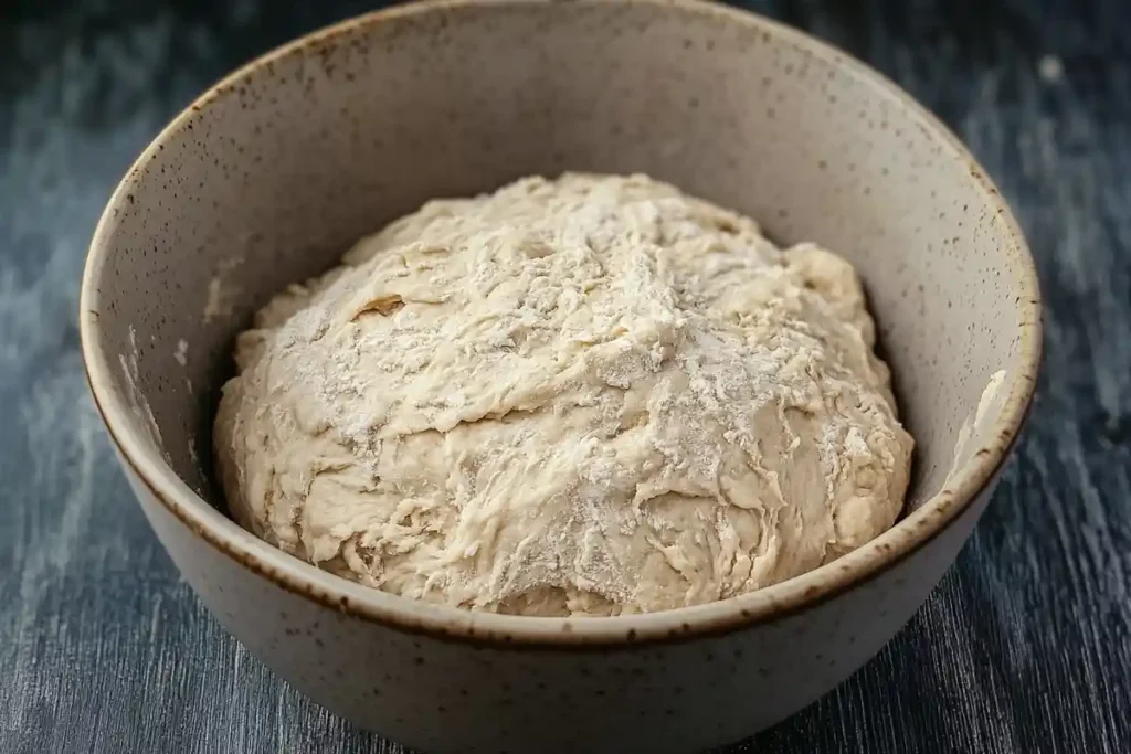 A bowl filled with buckwheat sourdough dough rising, dusted with flour.