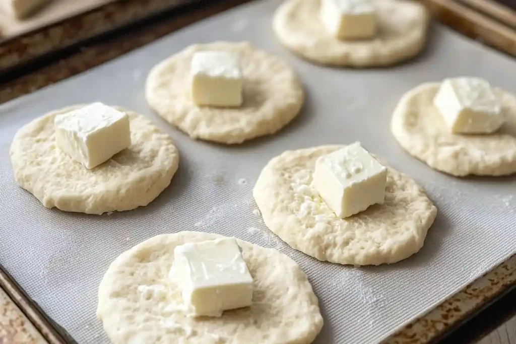 Flattened biscuit dough pieces topped with cubes of cheese, ready to be shaped into garlic butter cheese bombs.