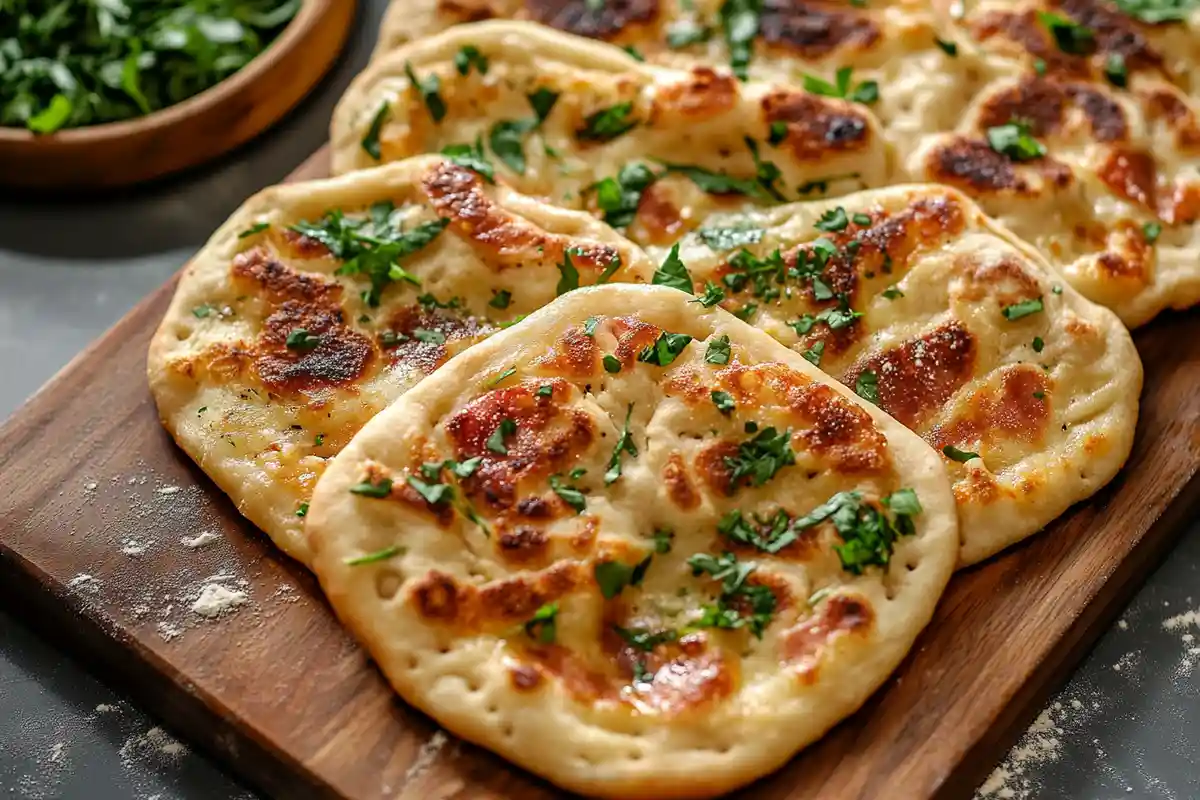 Grilled sourdough discard flatbread topped with melted cheese and sprinkled with fresh herbs.