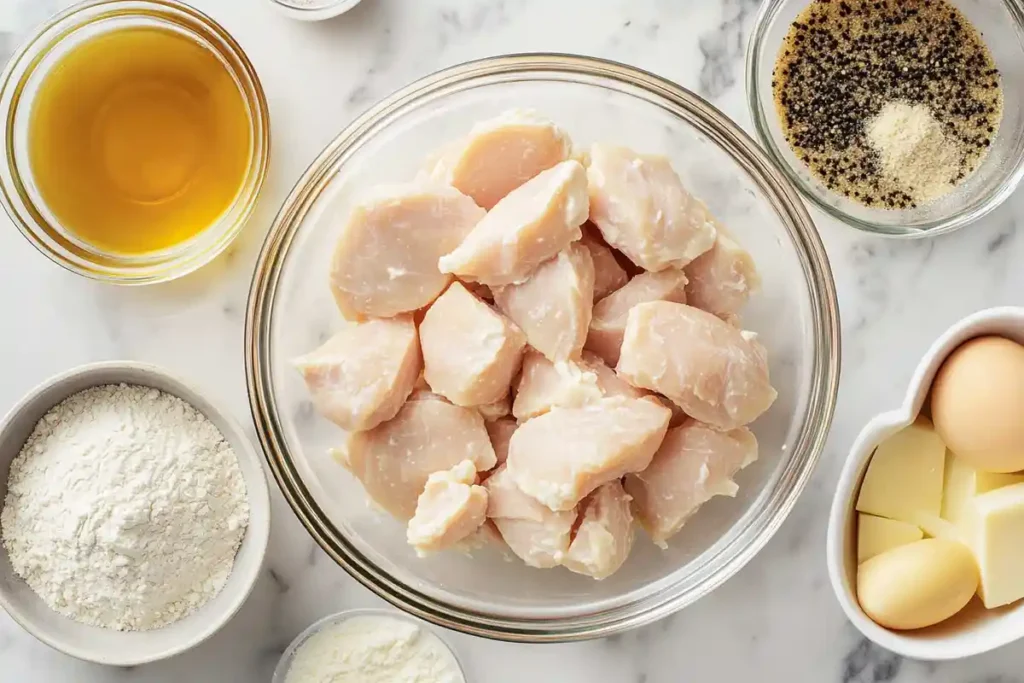 Fresh diced chicken breast with flour, oil, eggs, parmesan cheese, and black pepper for Chick-fil-A grilled nuggets.