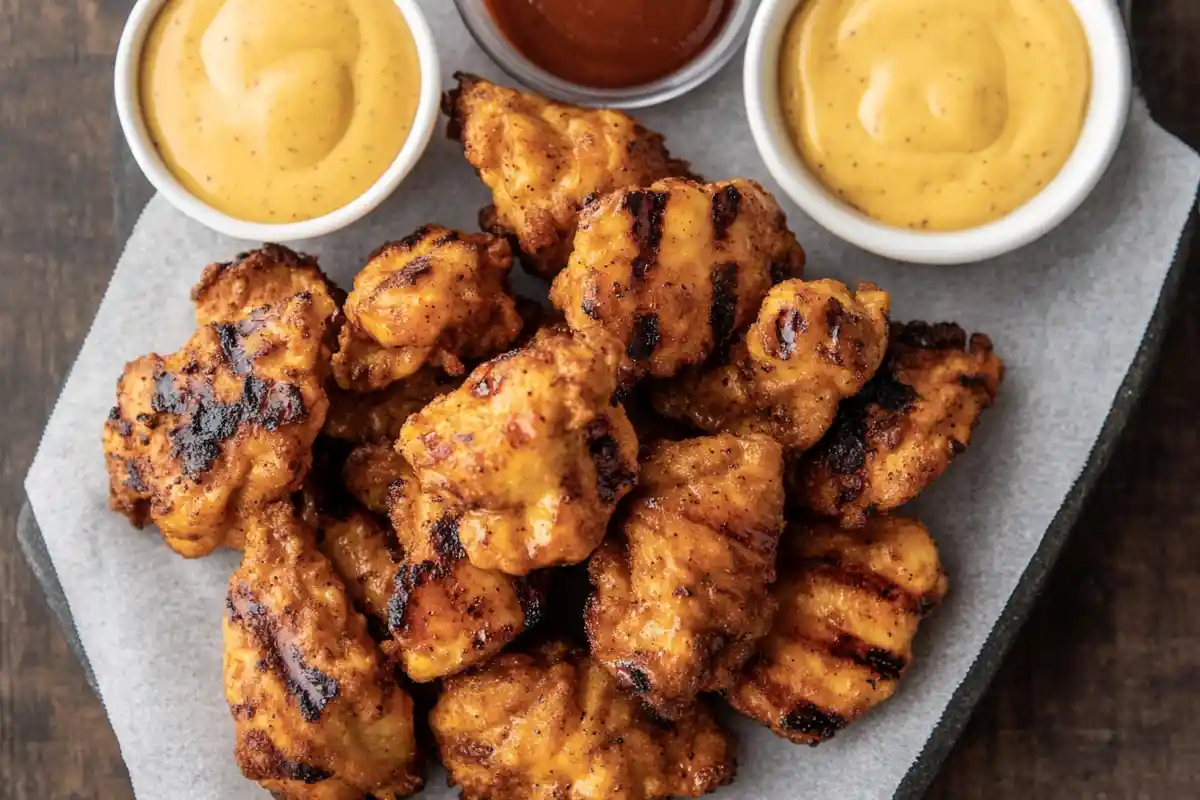 A plate of Chick-fil-A grilled nuggets served with dipping sauces.