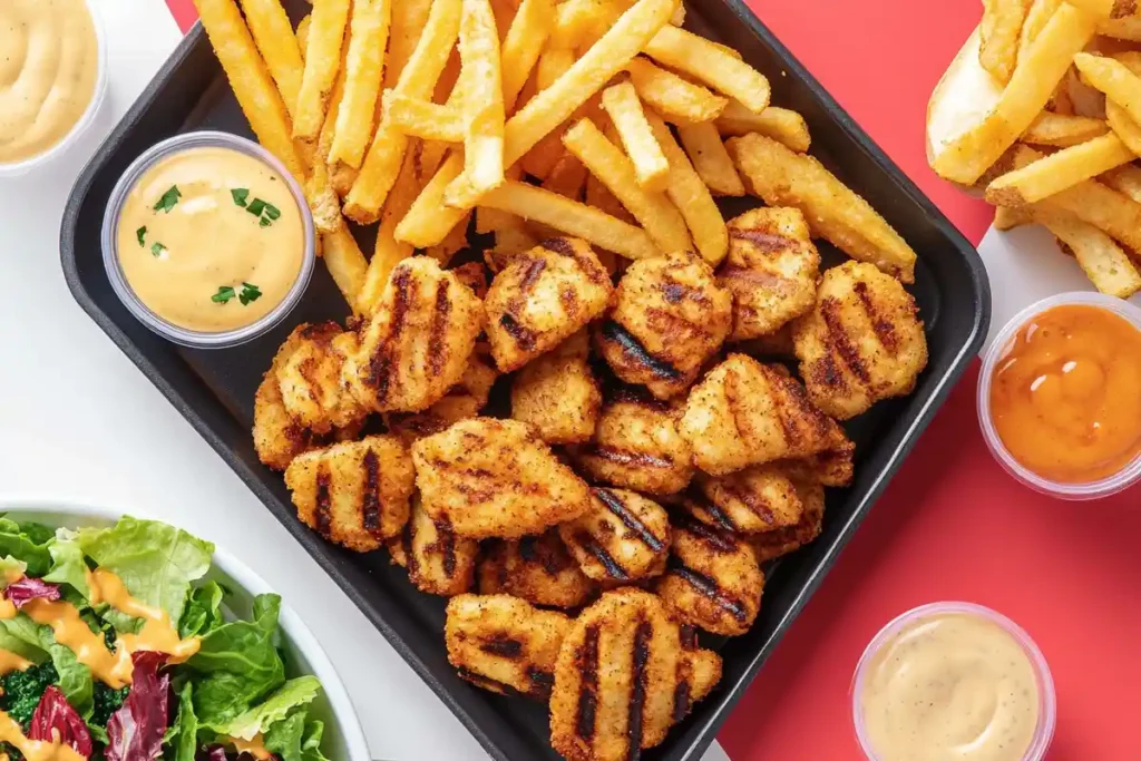 A full Chick-fil-A-style meal with grilled nuggets, waffle fries, and salad.