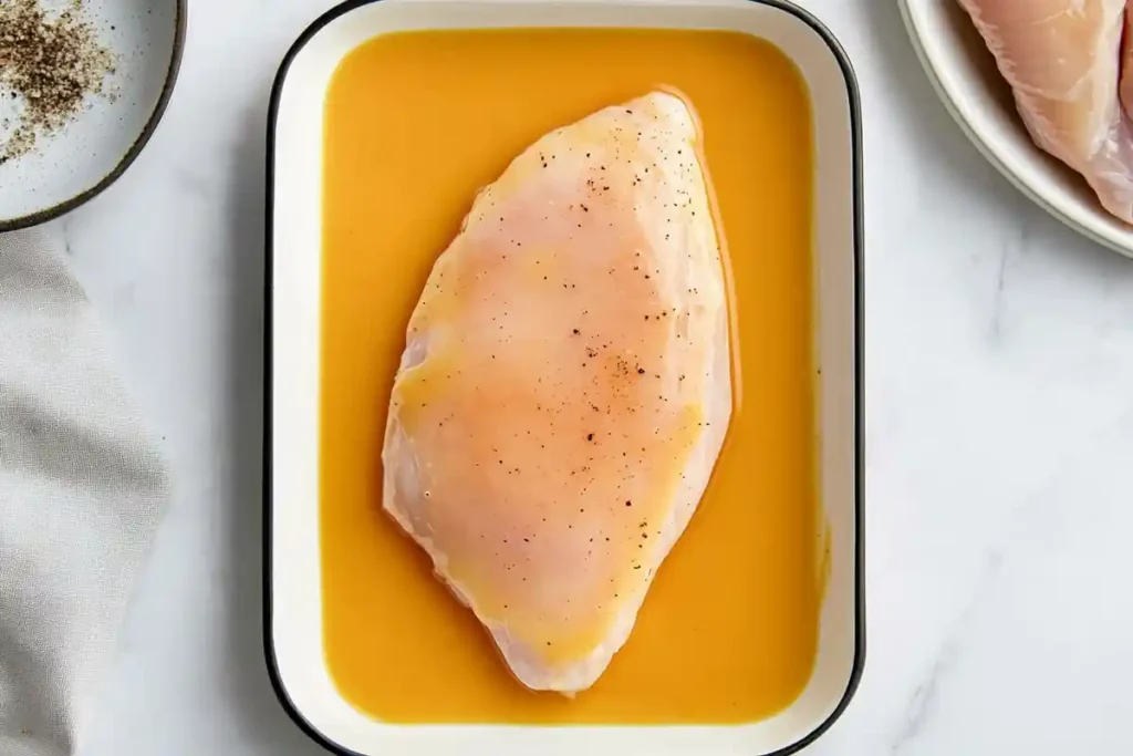 Raw chicken cutlet marinating in an orange liquid mixture, seasoned with pepper, placed in a rectangular dish.