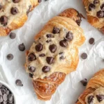 Flaky croissants topped with rich cookie dough and chocolate chips on a parchment-lined surface.