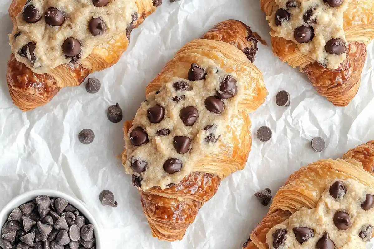 Flaky croissants topped with rich cookie dough and chocolate chips on a parchment-lined surface.