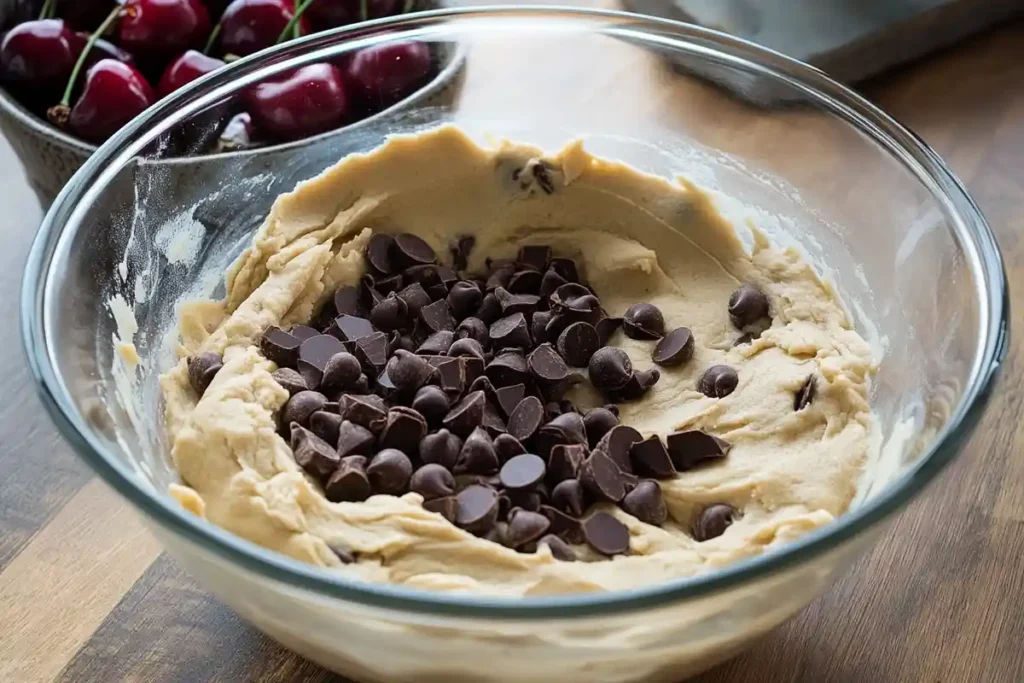 Glass bowl filled with cookie dough and generous chocolate chips being folded in, set on a wooden surface with cherries in the background.