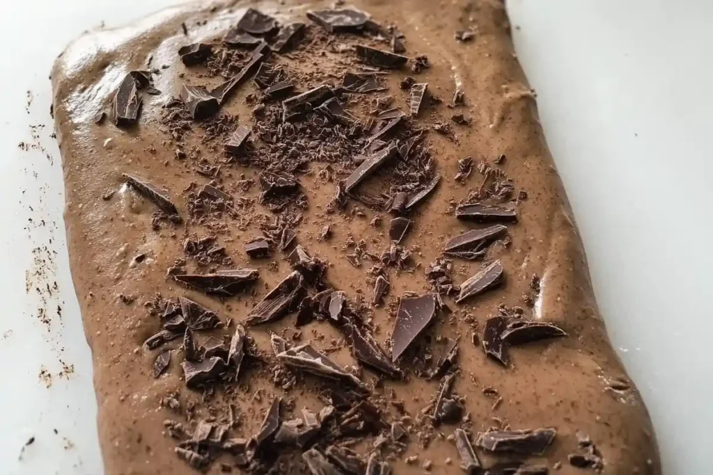 Close-up of chocolate chunks sprinkled on sourdough dough, ready to be folded for chocolate sourdough bread