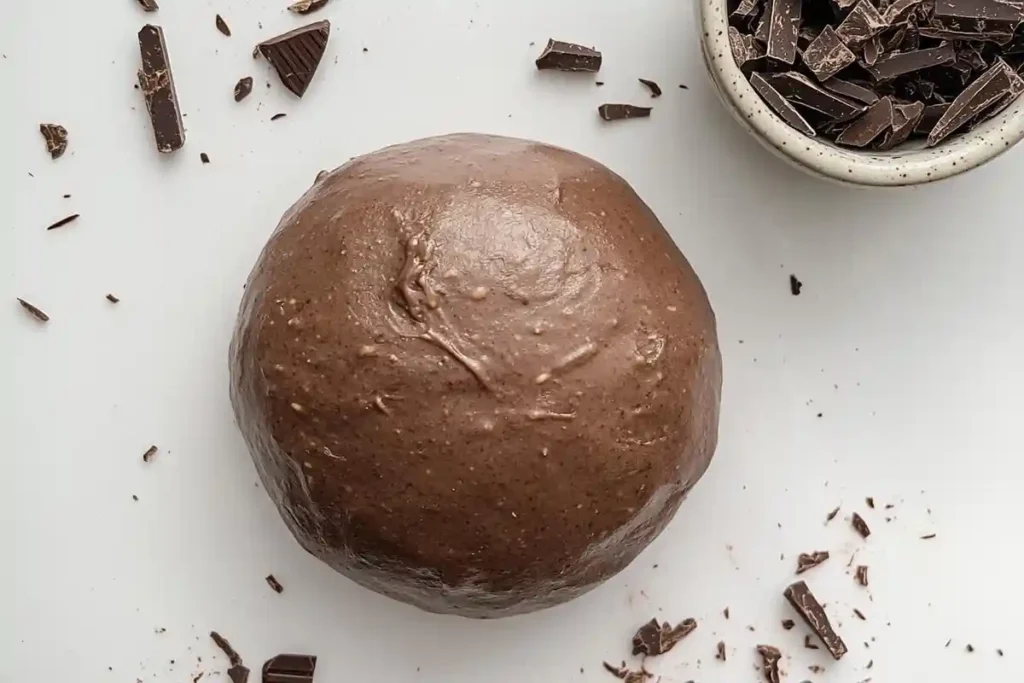 A smooth, round ball of chocolate sourdough dough on a white surface, surrounded by chocolate pieces