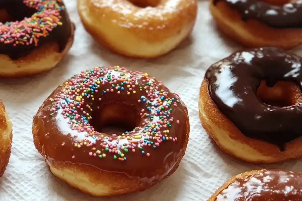 A batch of sourdough donuts topped with chocolate glaze and colorful sprinkles, perfect for a sweet treat.