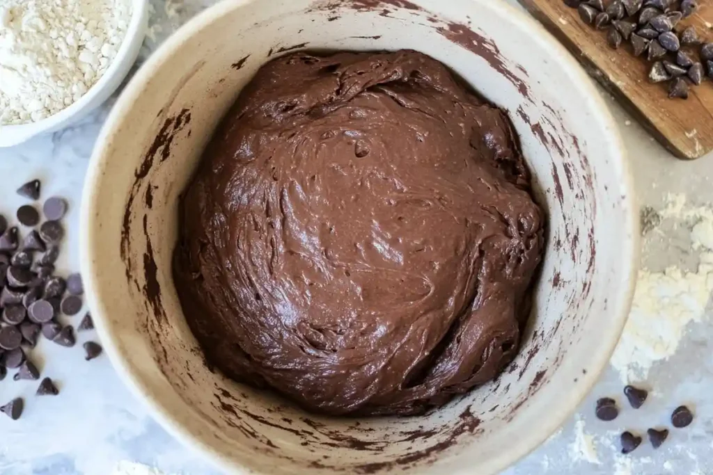 Rich chocolate sourdough dough in a mixing bowl, surrounded by chocolate chips and flour