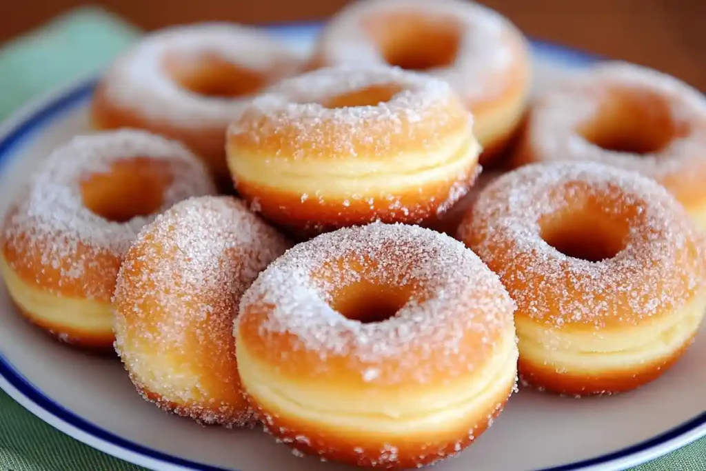 A plate of sourdough donuts coated in cinnamon sugar, showcasing their golden-brown texture and simplicity.