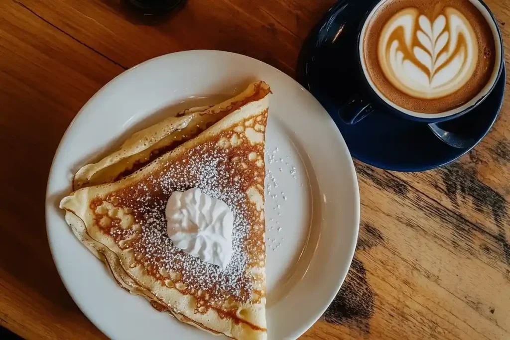 A folded sourdough discard crepe sprinkled with powdered sugar, topped with whipped cream, and served with a cup of latte on a rustic wooden table.