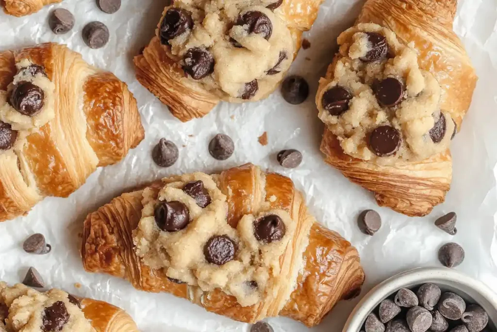 Golden croissants topped with cookie dough and chocolate chips, surrounded by scattered chocolate chips and a small bowl.