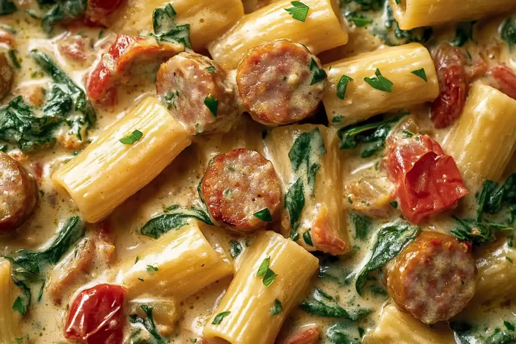 A close-up of creamy Italian sausage pasta with rigatoni, sausage slices, spinach, and cherry tomatoes in a creamy sauce.