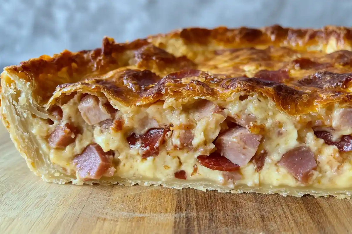 A close-up of an Italian Easter Pie slice, showing layers of cured meats and creamy cheese inside a golden, flaky crust.