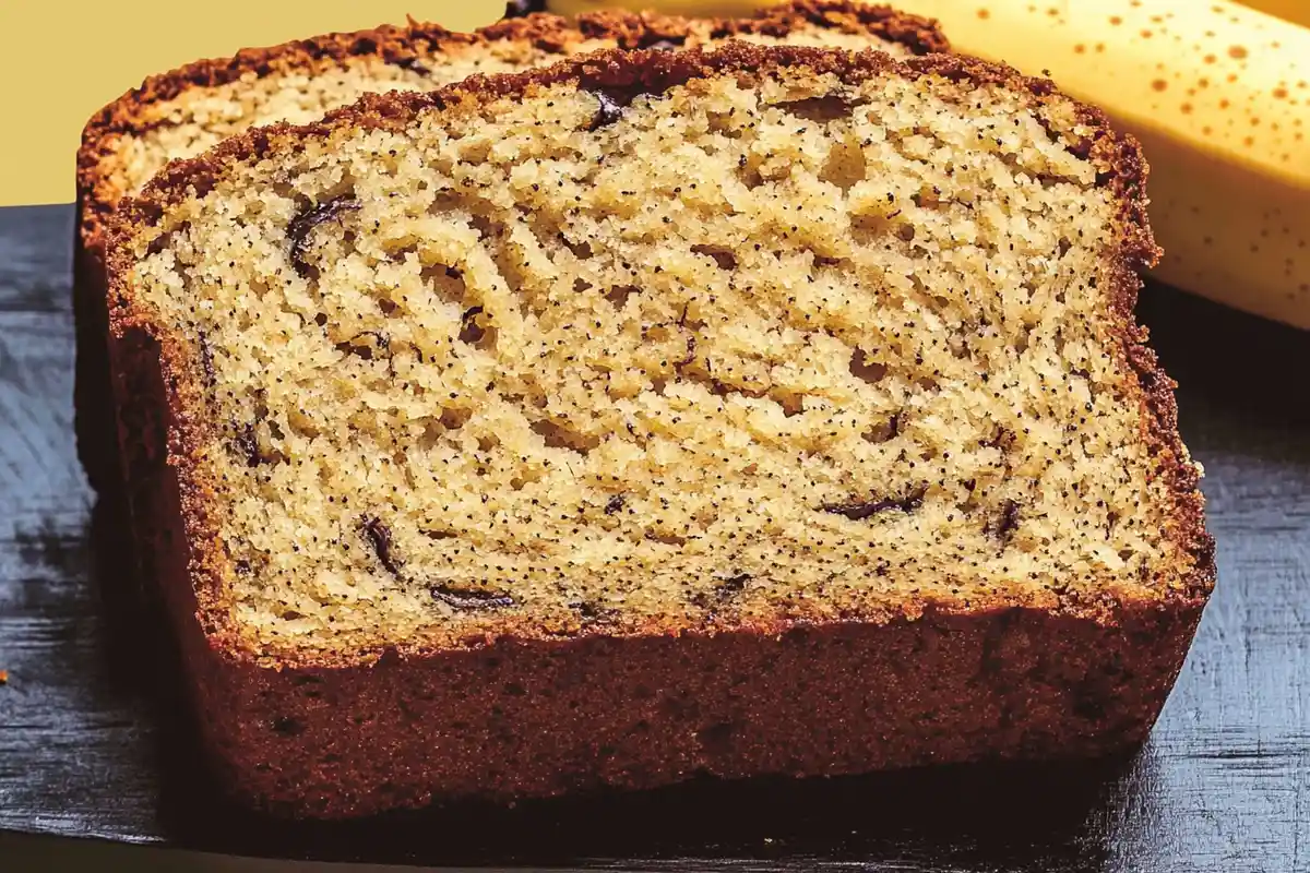 lose-up of moist and fluffy banana bread slices showing texture and banana specks.