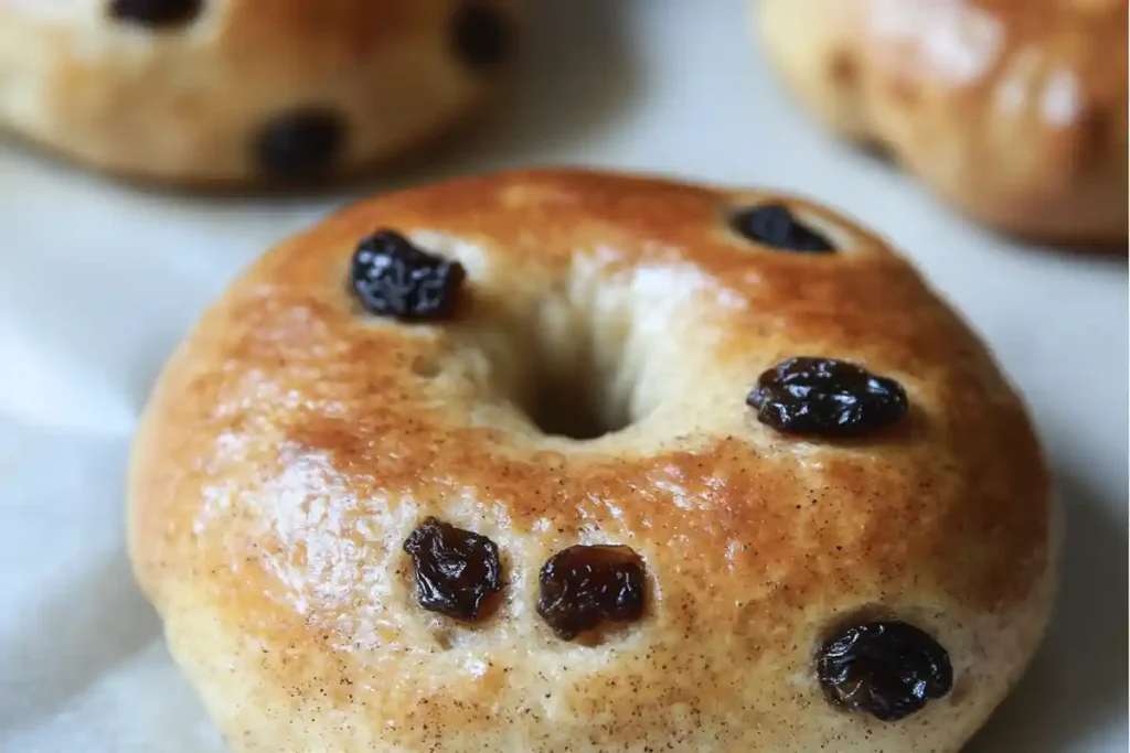 Close-up of a shiny sourdough cinnamon raisin bagel with raisins embedded in its golden crust