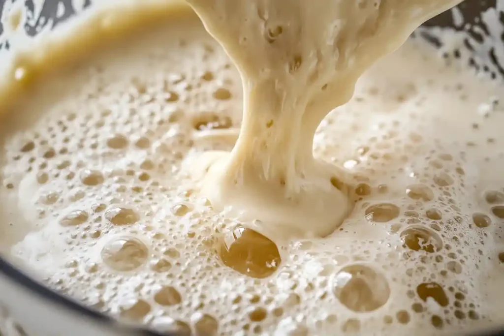 Thick, bubbly sourdough discard being poured into a mixing bowl.