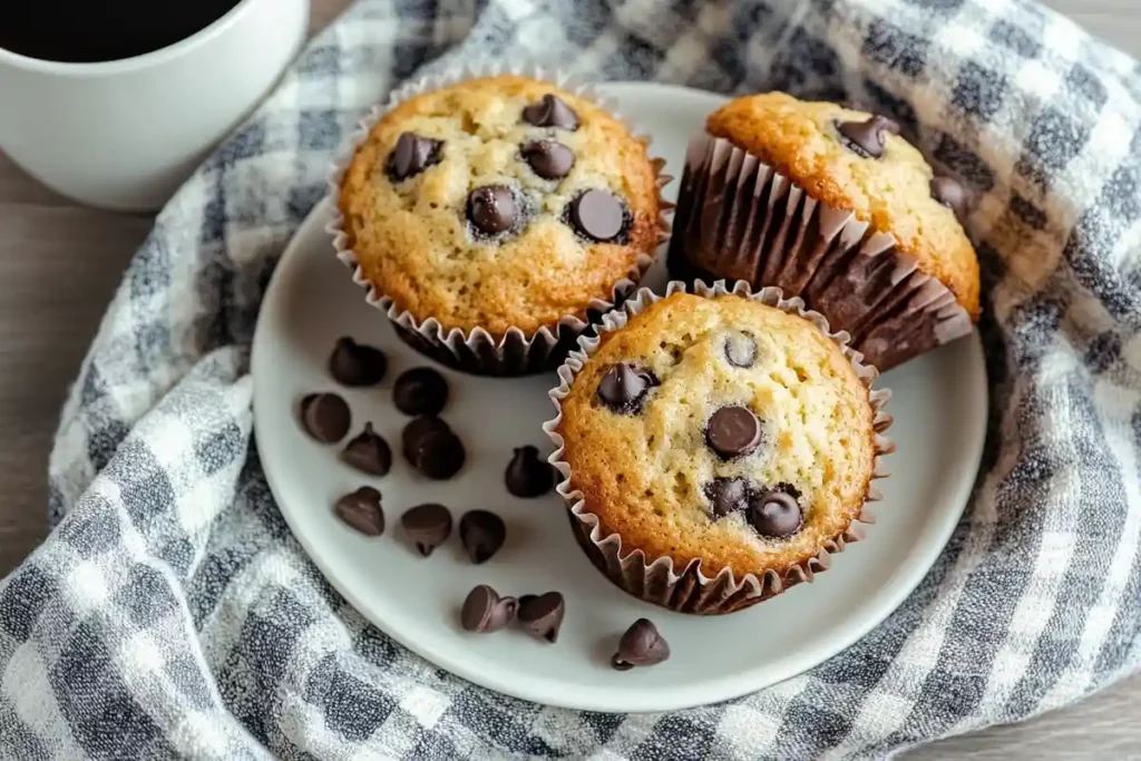 Three sourdough discard chocolate chip muffins on a white plate with scattered chocolate chips and a cup of coffee.