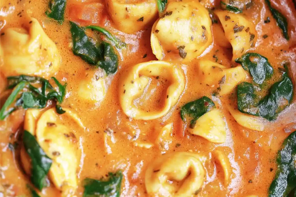 A close-up view of creamy tomato soup with basil and cheese tortellini, emphasizing the detailed texture and rich color of the dish